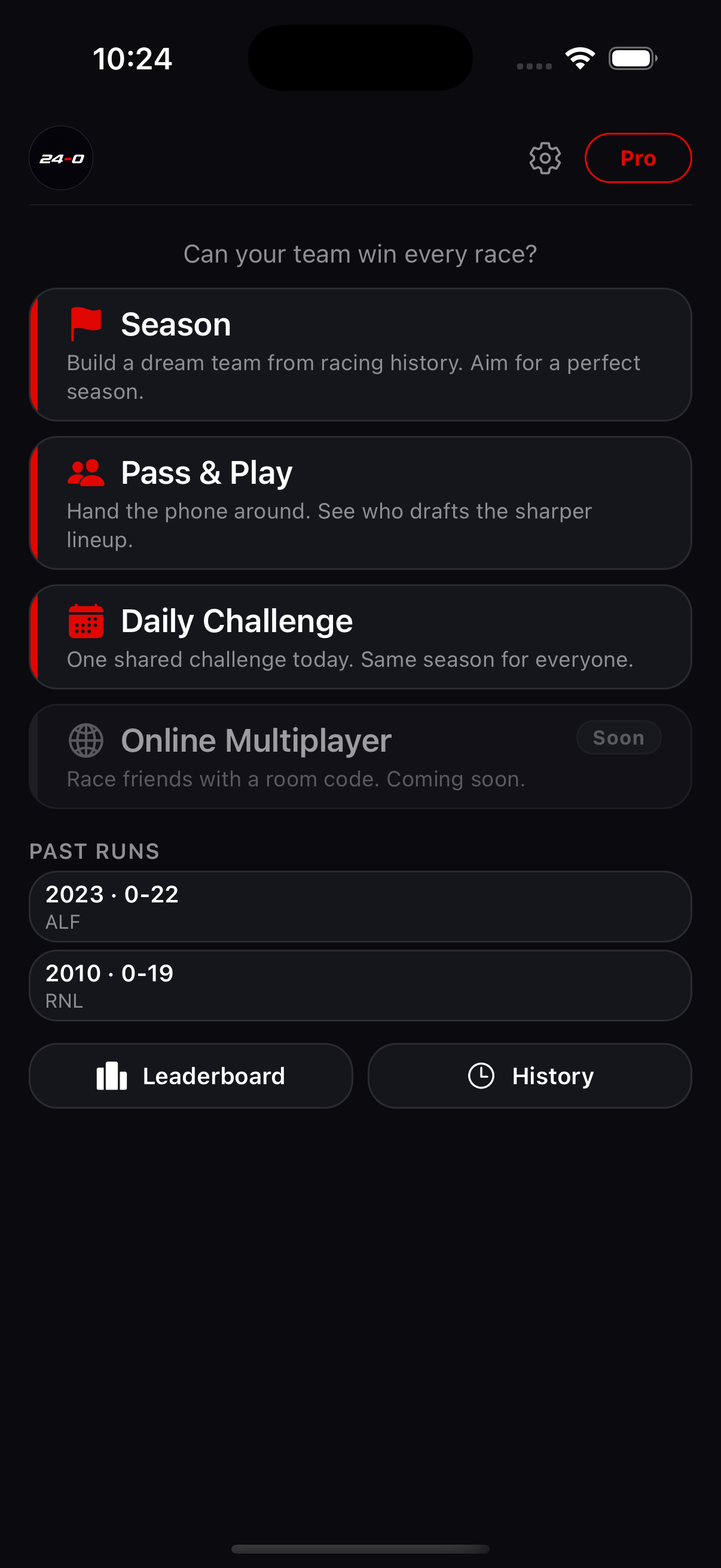 24-0 home screen showing Season, Pass & Play, and Daily Challenge